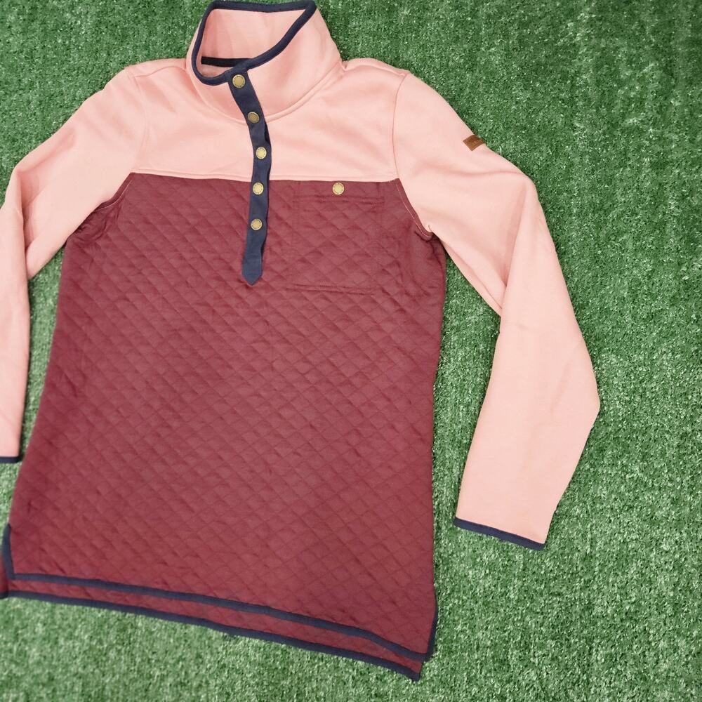 L.L. Bean Womens Quilted Sweatshirt Mock Neck Tunic Colorblock Maroon Pink Large - Picture 3 of 10